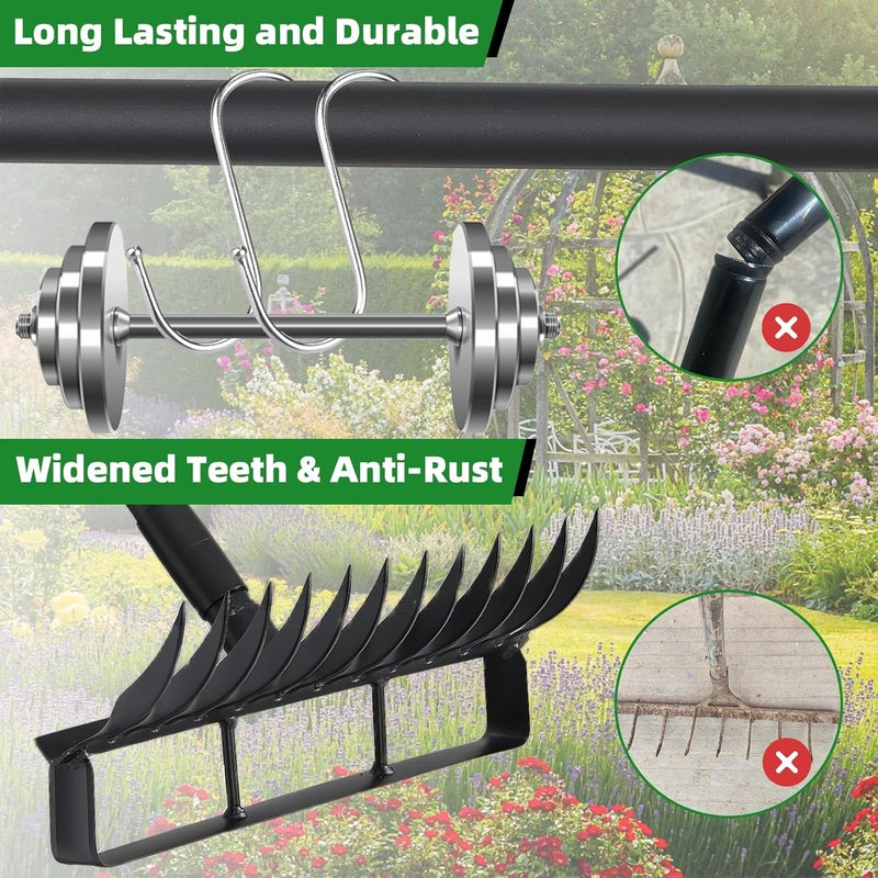 Pragmatist 76.8" Garden Hoe and 12 Tines Rake 2-in-1 Garden Tool for Weeding, Garden Cultivator with Adjustable Long Handle Heavy Duty Weed Puller Stirrup Hoe for Ditching, Seeding, Loosening Soil - Image 2